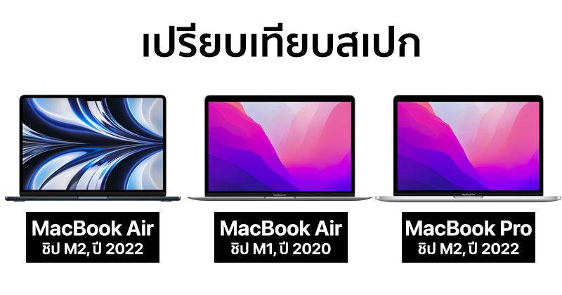 เปรียบเทียบสเปก MacBook Air (2022) ชิป M2, MacBook Air (2020) ชิป M1 และ MacBook Pro (2022) ชิป M2 จอ 13 นิ้ว ต่างกันตรงไหน ?